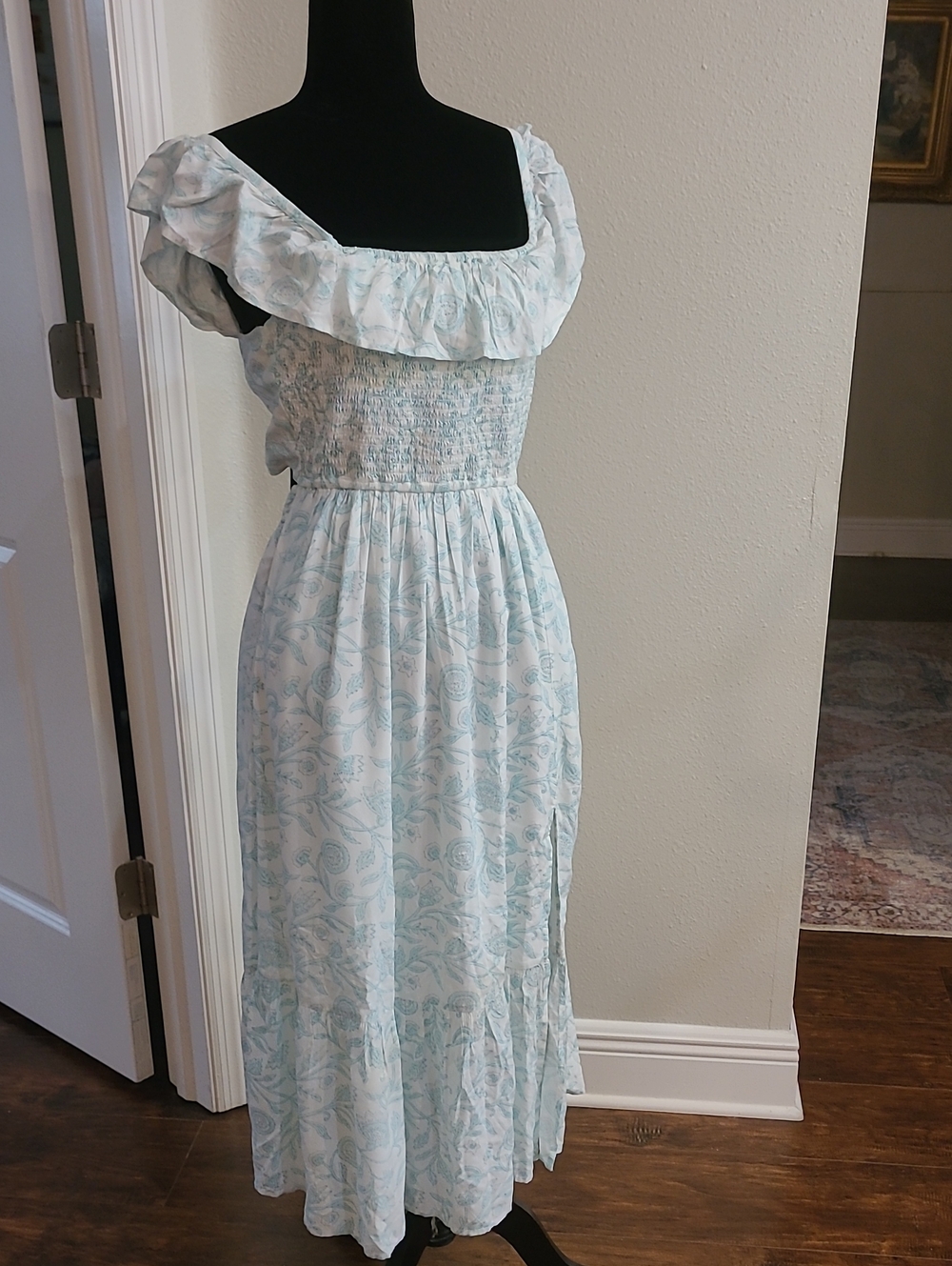 Shore Light Blue Floral Ruffle Maxi Dress Cottage Core Beachy Vacation Cotton M